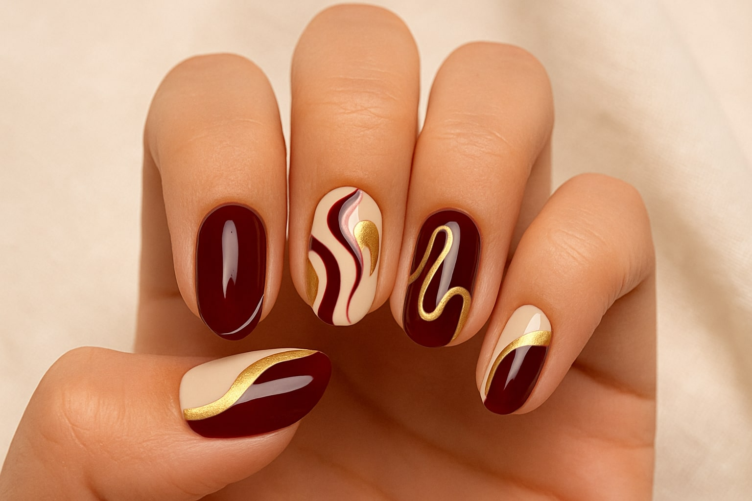 ide nail art maroon gold